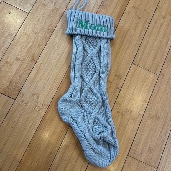 NEW Cable Knit Gray Stocking w/ “Mom” Embroidered - Picture 2 of 2
